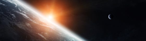 Vue panoramique de la terre de planète avec les elemen de rendu de la lune 3D Images stock Vue panoramique de la terre de planète avec les elemen de rendu de la lune 3D Images stock