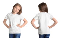 Vues avant et arrières de petite fille dans le T-shirt vide photos stock Vues avant et arrières de petite fille dans le T-shirt vide photos stock