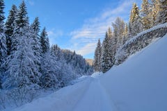 Väg i vinterskogen i de Ural bergen, Ryssland, Chelyabinsk region, Minyar Tal fe för Pushkin ` s arkivfoto Väg i vinterskogen i de Ural bergen, Ryssland, Chelyabinsk region, Minyar Tal fe för Pushkin ` s arkivfoto