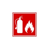 Väggtecken för röd fyrkant med konturn av brandsläckaren och flamman Färgrik plan vektordesign stock illustrationer Väggtecken för röd fyrkant med konturn av brandsläckaren och flamman Färgrik plan vektordesign stock illustrationer