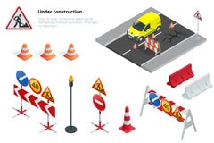 Vägreparation, under konstruktionsvägmärken Isometrisk illustration för plan vektor 3d Royaltyfri Fotografi Vägreparation, under konstruktionsvägmärken Isometrisk illustration för plan vektor 3d Royaltyfri Fotografi