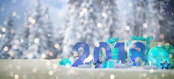 véspera de ano 2018 novo com rendição das quinquilharias e dos presentes 3D do Natal ilustração do vetor véspera de ano 2018 novo com rendição das quinquilharias e dos presentes 3D do Natal ilustração do vetor
