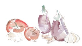 Vídeo de las verduras de la acuarela Tomates, setas, ajo y berenjena Vídeo de las verduras de la acuarela Tomates, setas, ajo y berenjena