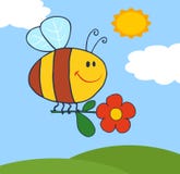 Vôo feliz da abelha com a flor no céu ilustração do vetor Vôo feliz da abelha com a flor no céu ilustração do vetor