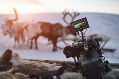 W górę kamera wideo na tle zima zmierzch i deers fotografia stock W górę kamera wideo na tle zima zmierzch i deers fotografia stock
