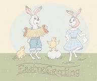 Wakacyjna kartka z pozdrowieniami z ręki literowaniem i wielkanoc króliki tanczy śpiewaccy kurczaki i akordeon szczęśliwy Easter ilustracja wektor Wakacyjna kartka z pozdrowieniami z ręki literowaniem i wielkanoc króliki tanczy śpiewaccy kurczaki i akordeon szczęśliwy Easter ilustracja wektor