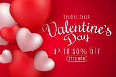 Walentynka dnia sztandar dla sprzedaży Romantyczni 3D serca na czerwonym tle Specjalna oferta Literowanie i kaligrafia Świąteczna ilustracji Walentynka dnia sztandar dla sprzedaży Romantyczni 3D serca na czerwonym tle Specjalna oferta Literowanie i kaligrafia Świąteczna ilustracji