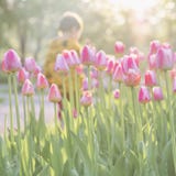 Walking little child in park with blooming pink tulips on foreground. Sunny day. Blurred abstract image for spring stock photos Walking little child in park with blooming pink tulips on foreground. Sunny day. Blurred abstract image for spring stock photos