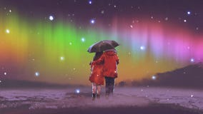 Walking together under the Northern light Royalty Free Stock Photography Walking together under the Northern light Royalty Free Stock Photography