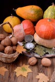 Walnuts, pumpkins and dry leaves royalty free stock photography Walnuts, pumpkins and dry leaves royalty free stock photography