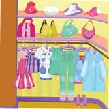 Wardrobe for cloths. Closet with clothes, bags, boxes and shoes. Shopping Time. vector illustration Wardrobe for cloths. Closet with clothes, bags, boxes and shoes. Shopping Time. vector illustration