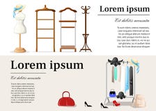 Wardrobe room full of woman's cloths. Flat style illustration.coat rack, showroom. Closet with clothes, bags, boxes and sh stock illustration Wardrobe room full of woman's cloths. Flat style illustration.coat rack, showroom. Closet with clothes, bags, boxes and sh stock illustration