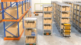 Warehouse robots and drone carrying goods