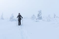 A woman hiking through fresh snow with snow shoes. royalty free stock images A woman hiking through fresh snow with snow shoes. royalty free stock images