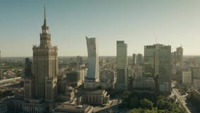 Warsaw, Poland - June 5, 2019. Aerial shot of the city centre stock video Warsaw, Poland - June 5, 2019. Aerial shot of the city centre stock video