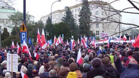 WARSHAU, POLEN - DECEMBER, 17, 2016 Protesteerders met de vlaggen van Pools en de EU-in de straat 4K lucht panschot stock video WARSHAU, POLEN - DECEMBER, 17, 2016 Protesteerders met de vlaggen van Pools en de EU-in de straat 4K lucht panschot stock video