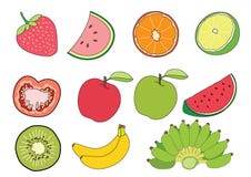 Wassermelonen-orange Zitronen-Tomate Apple rote apfelgrüne Kiwi Strawberry- und Bananen-Frucht auf weißem Hintergrundillustration stock abbildung Wassermelonen-orange Zitronen-Tomate Apple rote apfelgrüne Kiwi Strawberry- und Bananen-Frucht auf weißem Hintergrundillustration stock abbildung