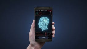Wat betreft kunstmatige intelligentietoepassing op het mobiele, slimme telefoonscherm, verbindt het Hersenenhoofd digitale lijnen vector illustratie Wat betreft kunstmatige intelligentietoepassing op het mobiele, slimme telefoonscherm, verbindt het Hersenenhoofd digitale lijnen vector illustratie