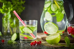 Water detox in a glass jar and a glass. Fresh green mint and berries. A refreshing and healthy drink. Royalty Free Stock Photography Water detox in a glass jar and a glass. Fresh green mint and berries. A refreshing and healthy drink. Royalty Free Stock Photography