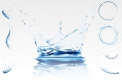 Water splashes collection. Blue transparent water vector splash crown with ripple reflection. spray with drops. 3d illustration vector. aqua surface stock illustration Water splashes collection. Blue transparent water vector splash crown with ripple reflection. spray with drops. 3d illustration vector. aqua surface stock illustration