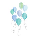 Watercolor air balloons. Blue and green balloons. Hand-drawn illustration isolated on white