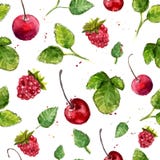 Watercolor Background With Cherry, Raspberry And Leaves. Seamless Vector Pattern. Royalty Free Stock Photos Watercolor Background With Cherry, Raspberry And Leaves. Seamless Vector Pattern. Royalty Free Stock Photos