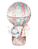 Watercolor balloon set baby cartoon cute pilot aviation illustration. sky transport balloons with giraffe and elephant