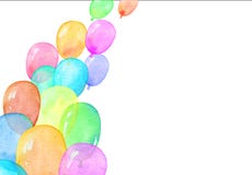 Watercolor banner with helium balloons on white background. Watercolor flying balloons illustration set.