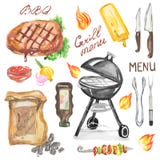Watercolor bbq grill party set. stock illustration Watercolor bbq grill party set. stock illustration