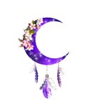 Watercolor illustration - crescent moon with stars, flowers and feathers. Boho vintage design for unusual fantasy tattoo