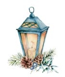 Watercolor blue Christmas lantern with decor. Hand painted lamp, candle, eucalyptus leaves and branch, silver bells, fir