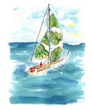 Watercolor boat with sails at the sea. stock photo Watercolor boat with sails at the sea. stock photo
