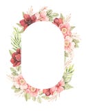 Watercolor botanical illustration. Oval Frame with Pink dog-rose blossom Gentle rose, bud, branches and green leaves. Spring