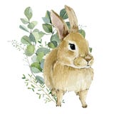Watercolor bunny in floral bouquet. Hand drawn clipart animal forest, silver dollars and green plants.