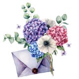 Watercolor card with bouquet and blue envelope. Hand painted hydrangea, anemone flowers with eucalyptus leaves and royalty free illustration Watercolor card with bouquet and blue envelope. Hand painted hydrangea, anemone flowers with eucalyptus leaves and royalty free illustration
