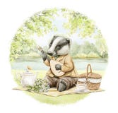 Watercolor cartoon round composition with badger musician in clothes playing the lute at picnic in nature
