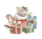 Watercolor Christmas little cat kitten character sleeps in Christmas sock near gift boxes