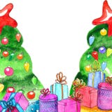 Watercolor Christmas presents template with decorated Christmas tree stock illustration Watercolor Christmas presents template with decorated Christmas tree stock illustration