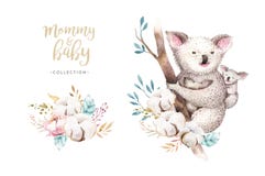 Watercolor cute cartoon little baby and mom koala with floral wreath. Isolated tropical illustration. Mother and baby