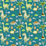 Watercolor cute dinosaurs and prehistoric turtles seamless pattern