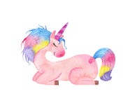 Watercolor cute magic pink unicorn with horn lies isolated on white background