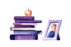 Watercolor decorative elements back to school. Photo frame with picture of girl in graduate uniform and pile of stacked books with