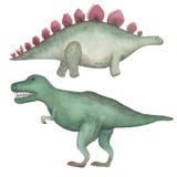 Watercolor dinosaurs Stegosaurus and Tyrannosaurus Isolated on white background Hand painted illustration Prehistoric