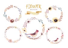 Watercolor floral boho flower wreath. Watercolour natural frame: leaves, feather and birds. Isolated on white background vector illustration Watercolor floral boho flower wreath. Watercolour natural frame: leaves, feather and birds. Isolated on white background vector illustration