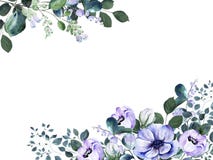 Watercolor floral frame with delicate purple anemone flowers and green twigs and blooming snowberry