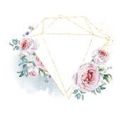 Watercolor Floral Frame. Roses Bouquets and floral elements. White and Pink Roses