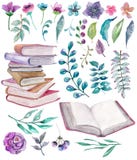 Watercolor floral and nature elements with beautiful old books vector illustration Watercolor floral and nature elements with beautiful old books vector illustration