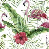 Watercolor floral pattern with exotic flowers, leaves and flamingo. Hand painted ornament with tropical plant: hibiscu stock illustration Watercolor floral pattern with exotic flowers, leaves and flamingo. Hand painted ornament with tropical plant: hibiscu stock illustration