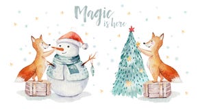 Watercolor gold Merry Christmas illustration with snowman, christmas tree , holiday cute animals fox, rabbit and stock photography Watercolor gold Merry Christmas illustration with snowman, christmas tree , holiday cute animals fox, rabbit and stock photography
