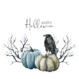 Watercolor halloween card with crow and pumpkins. Hand painted holiday template with gourds and black tree isolated on